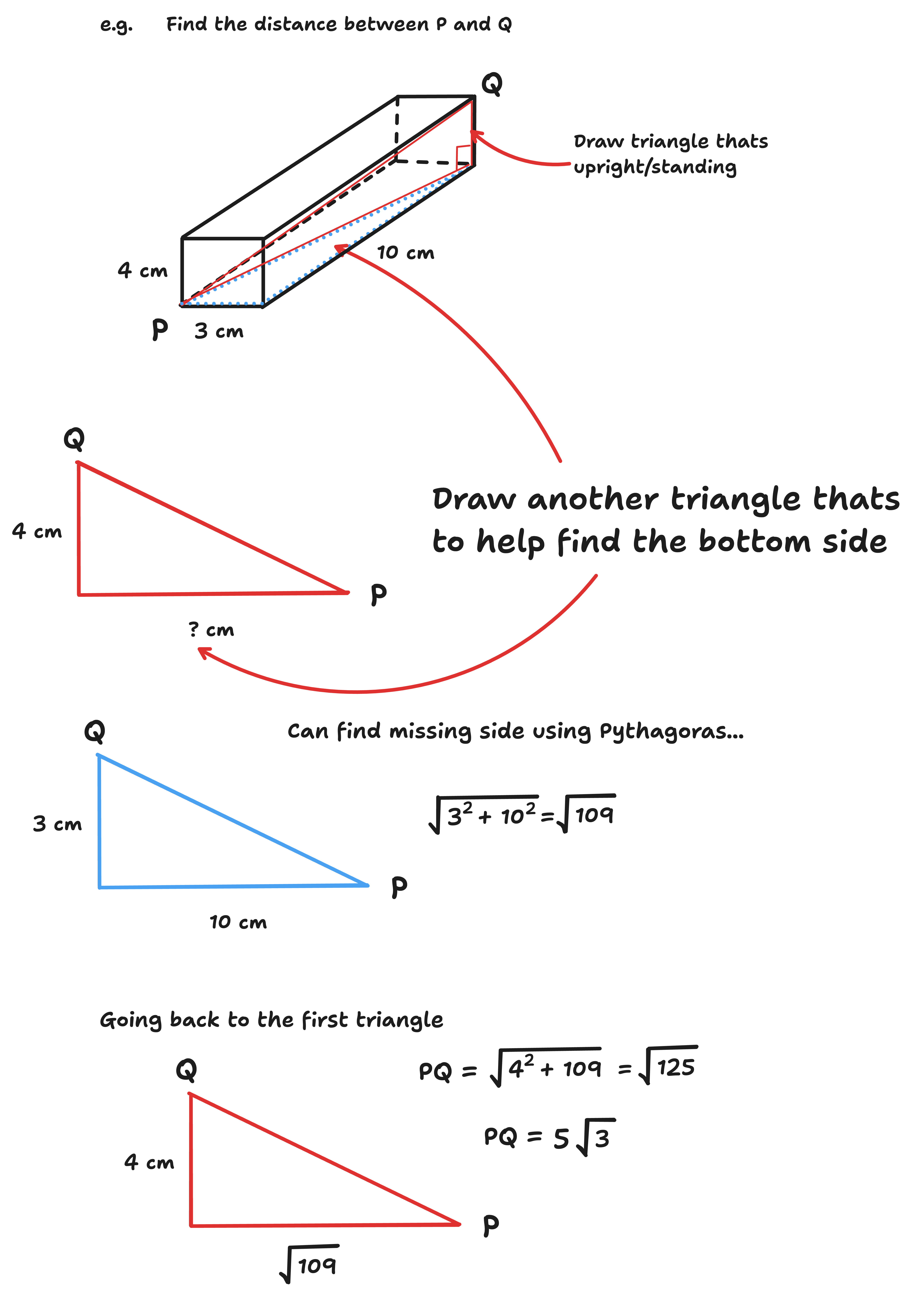 example 3D pythagoras question using 2D pythagoras equation