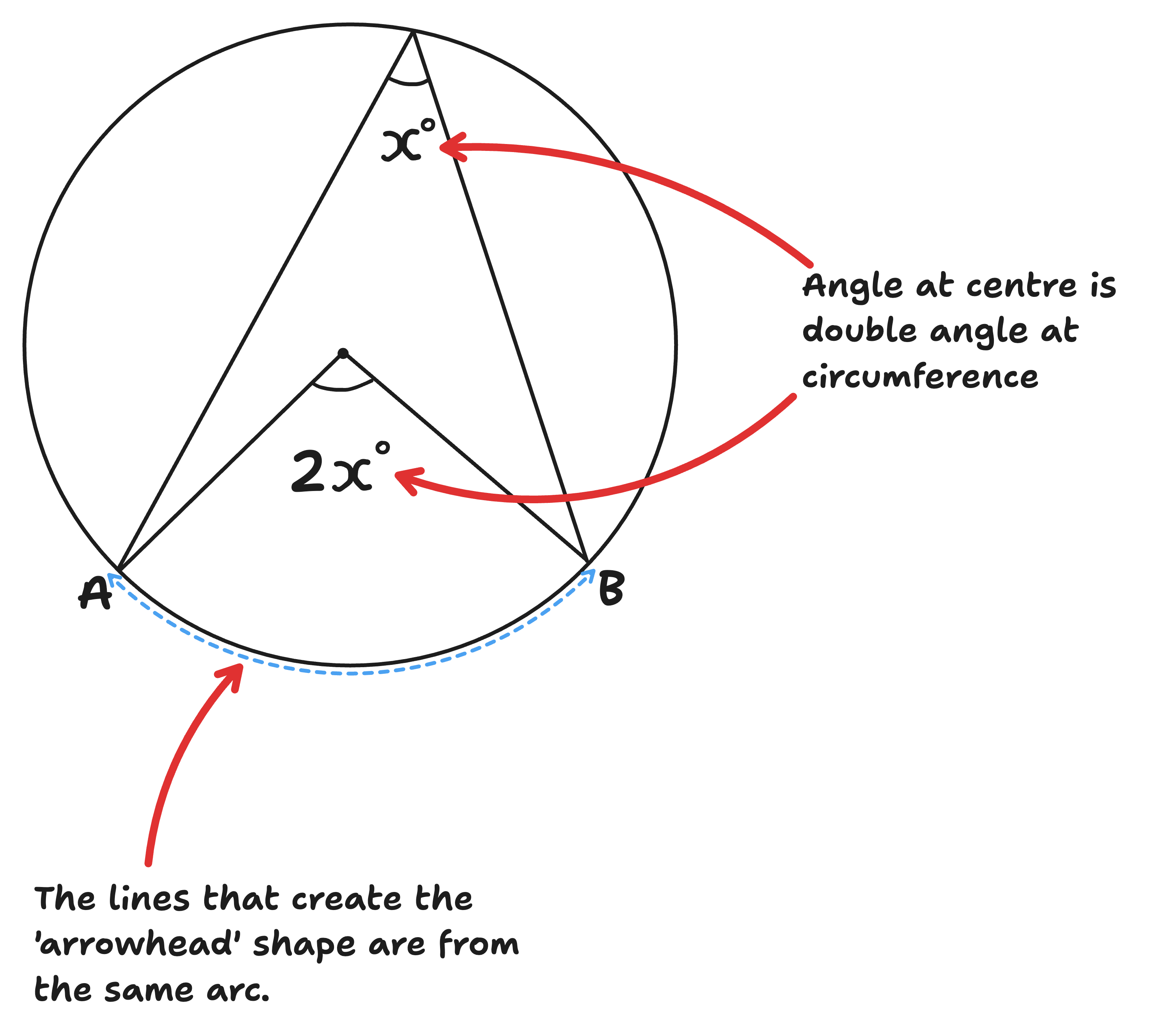 Diagram of the circle theorem angle at centre is double angle at circumference