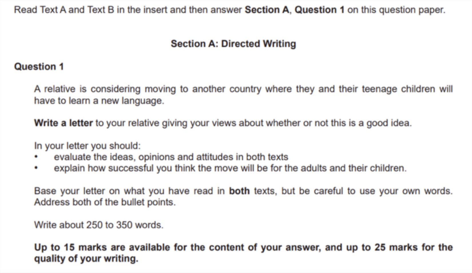 Question 1 Section A Letter question
