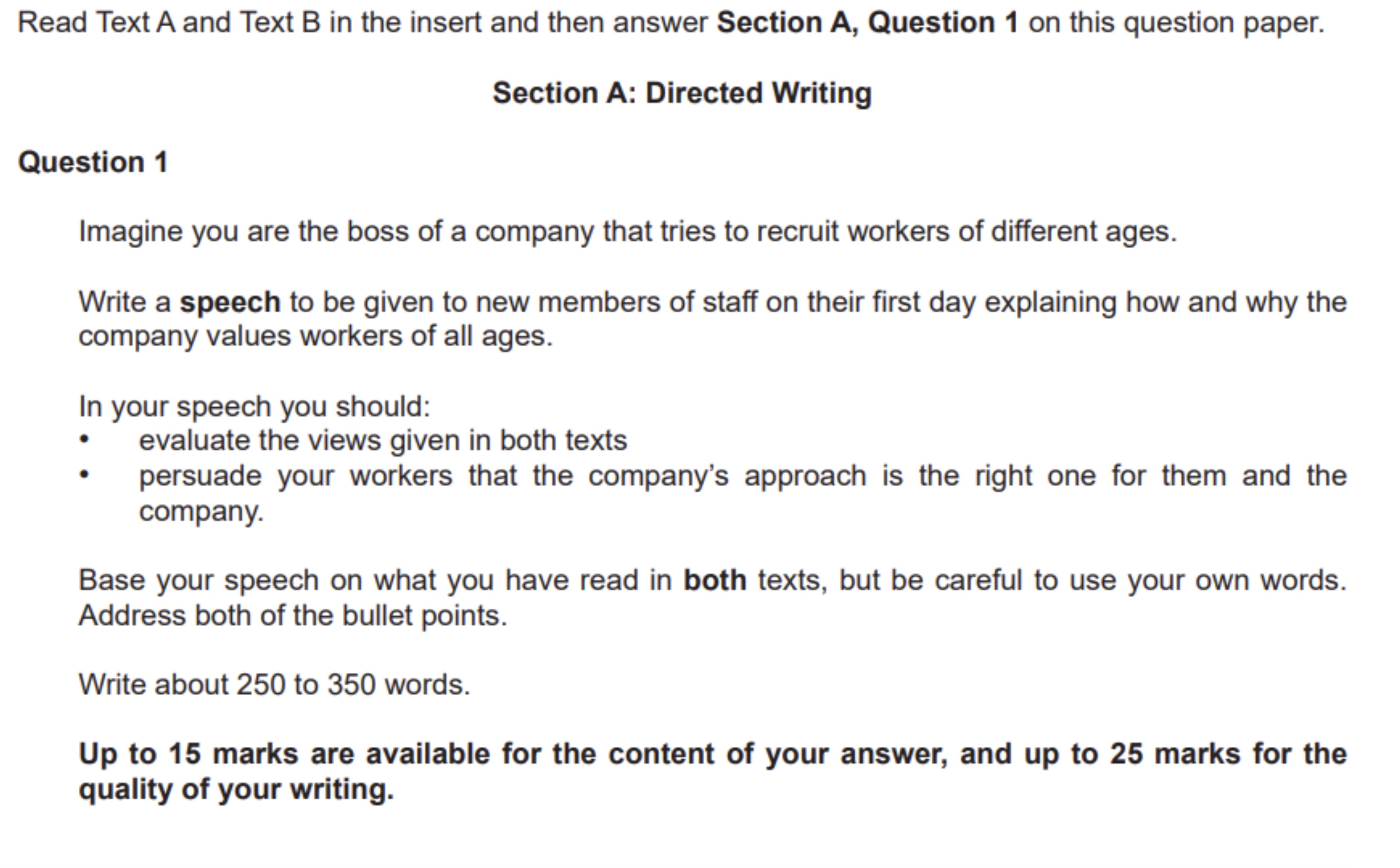 Question 1 Section A - speech question